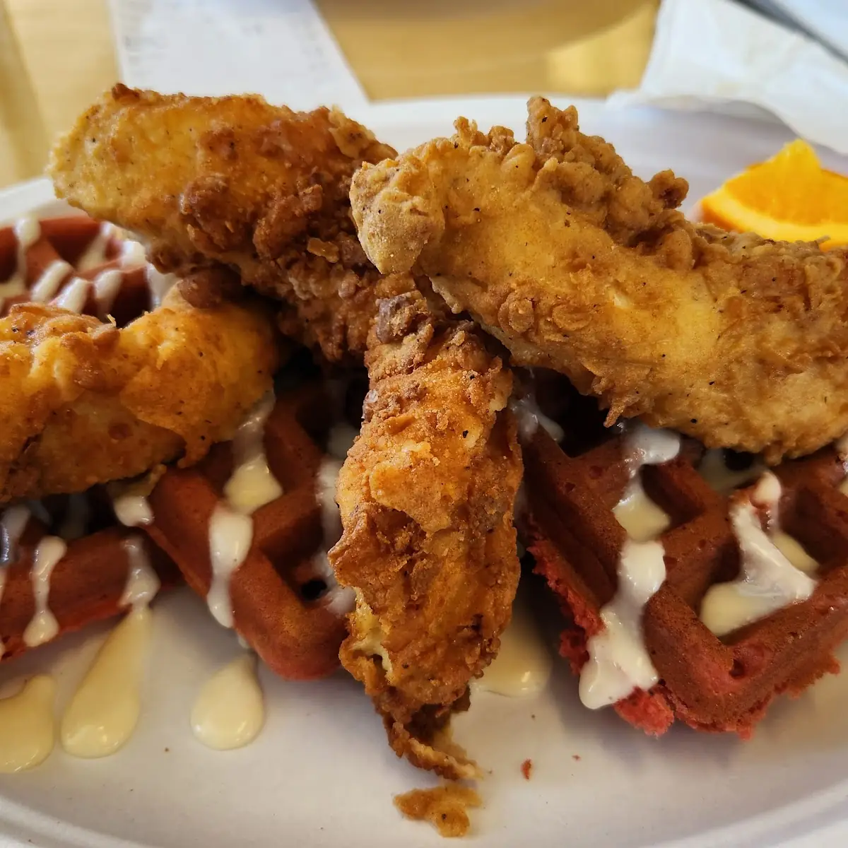 Chicken and Red Velvet Waffles