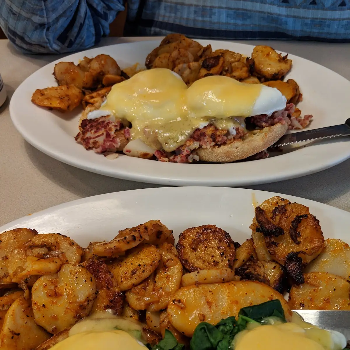 Irish Eggs Benedict Back and Eggs Florentine Front