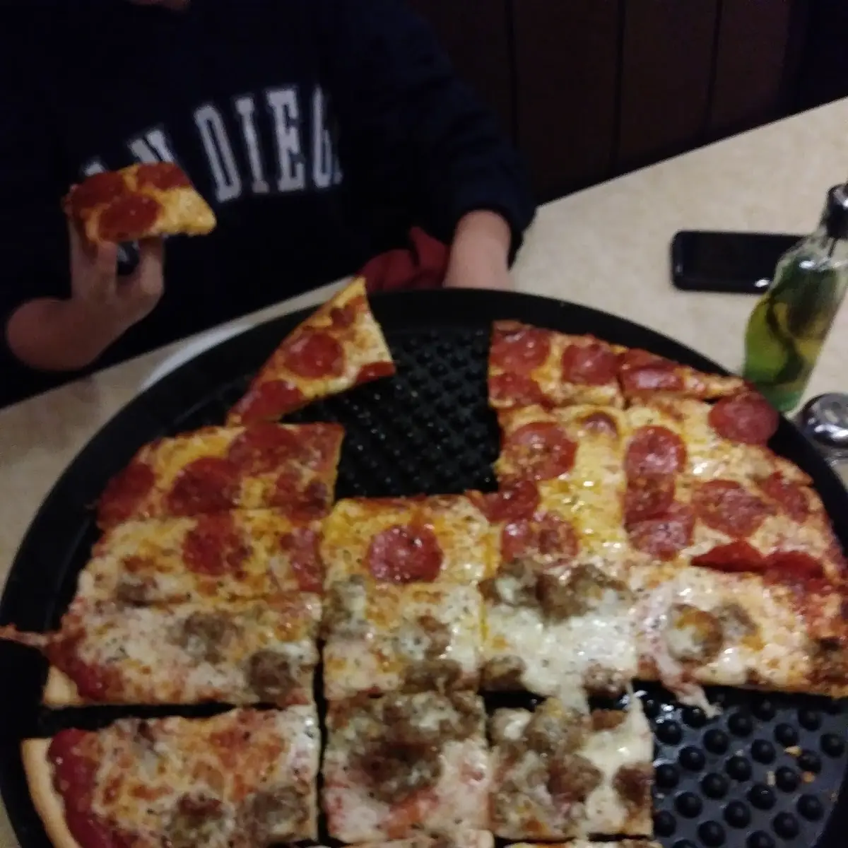 16 Thin Crust 1 2 Sausage 1 2 Pepperoni Pizza Both Ingredients on Top of the Cheese