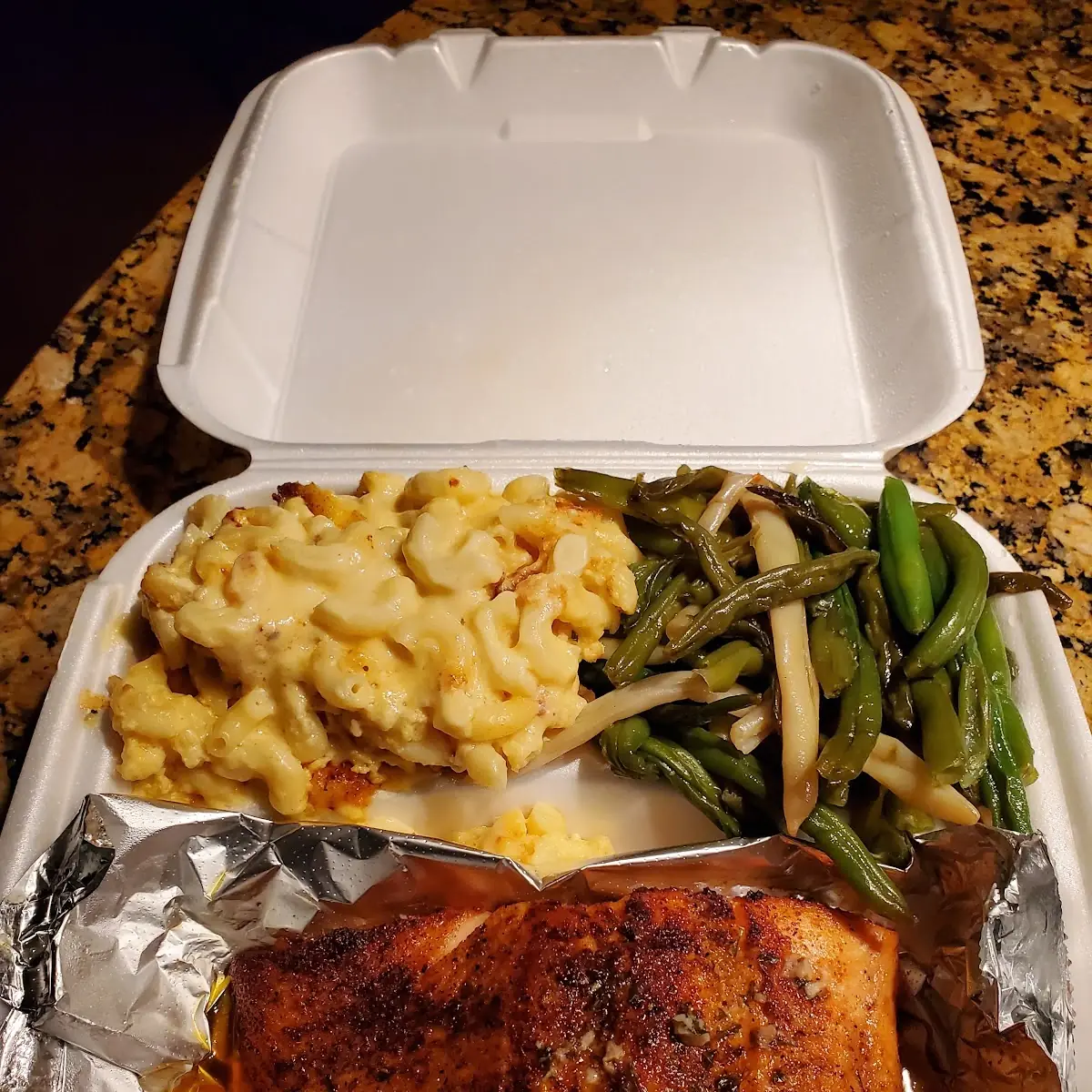 String Beans Mac and Cheese and Salmon