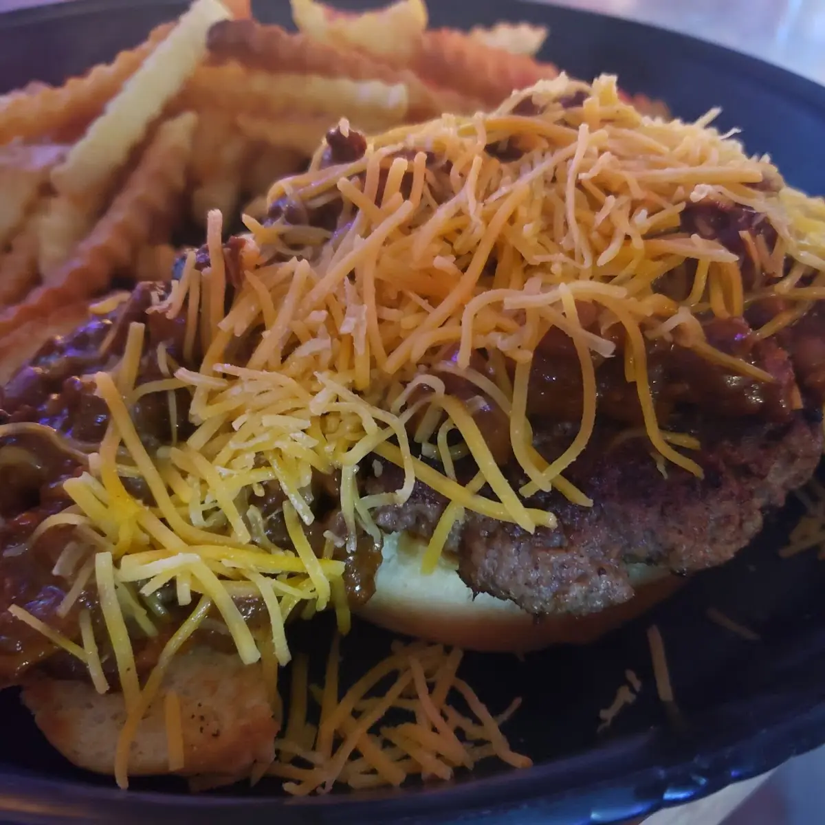 Open Face Chili Cheeseburger