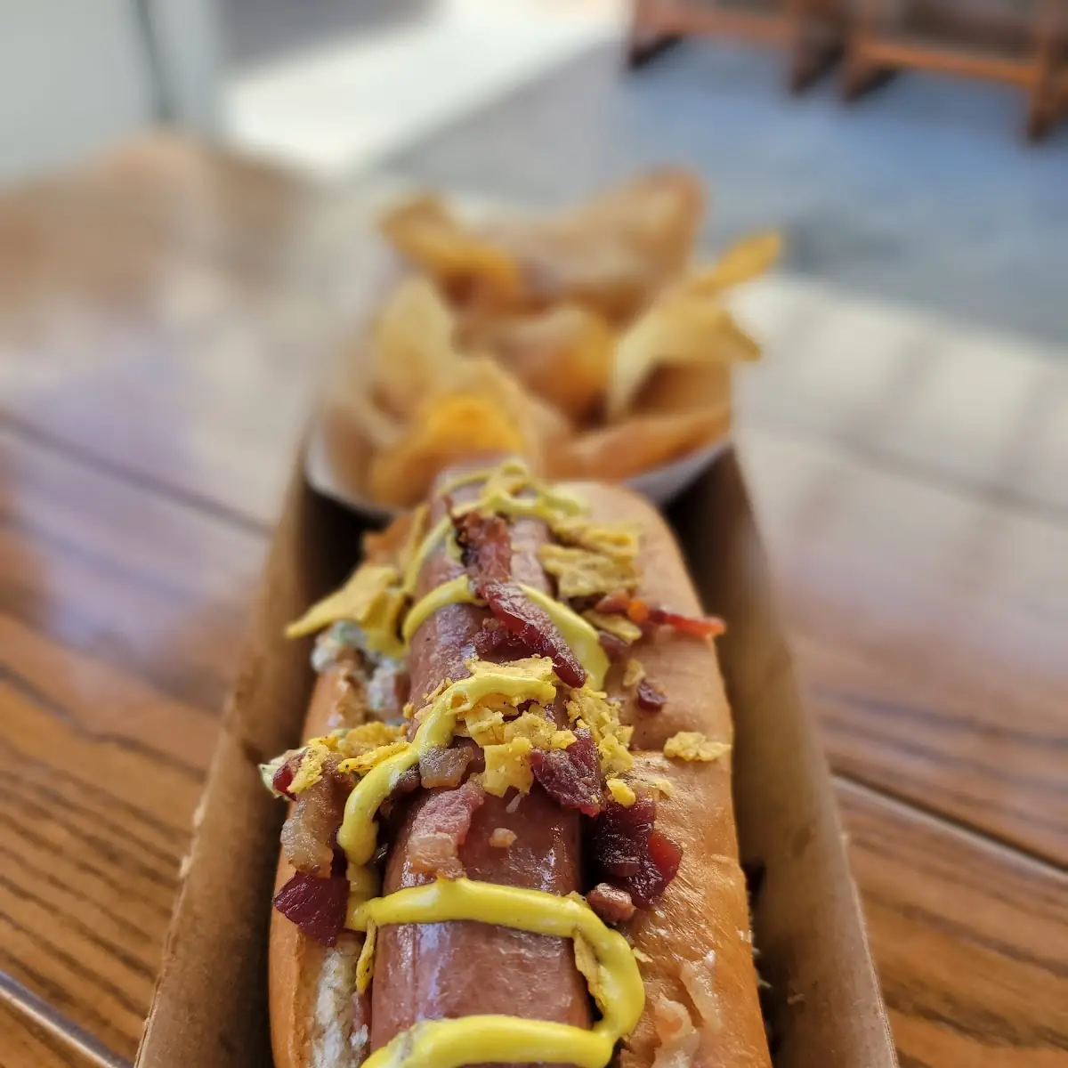 Chili-Cheese Foot-Long Hot Dog with Chips