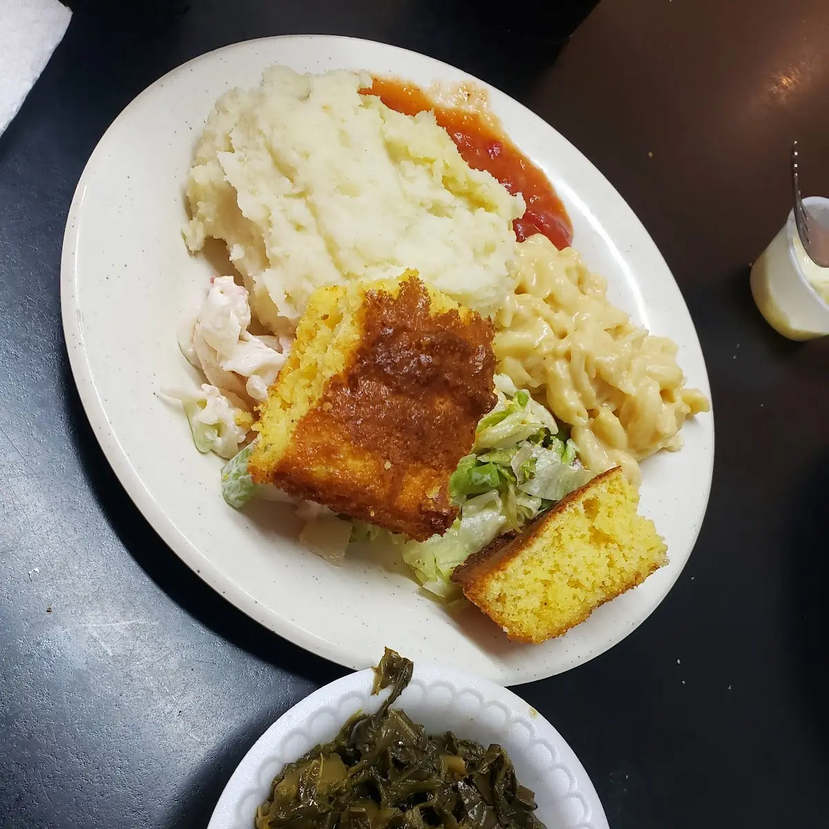Greens Cornbread Spicy and Regular Mashed Potatoes Mac Cheese