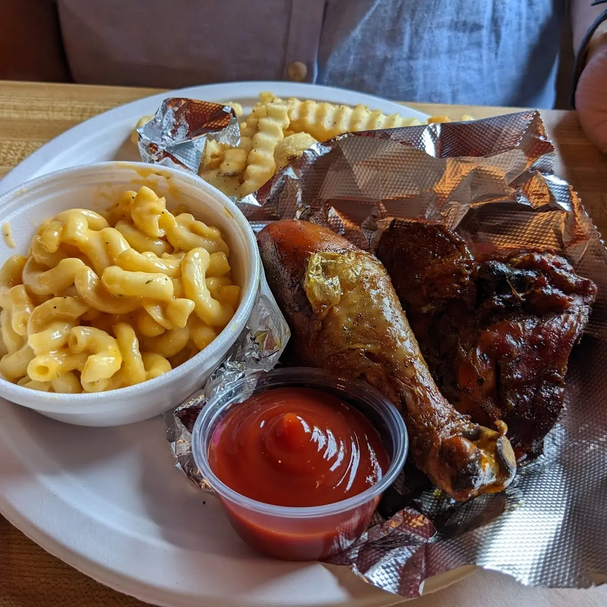 Chicken with Mac and Cheese and Fries