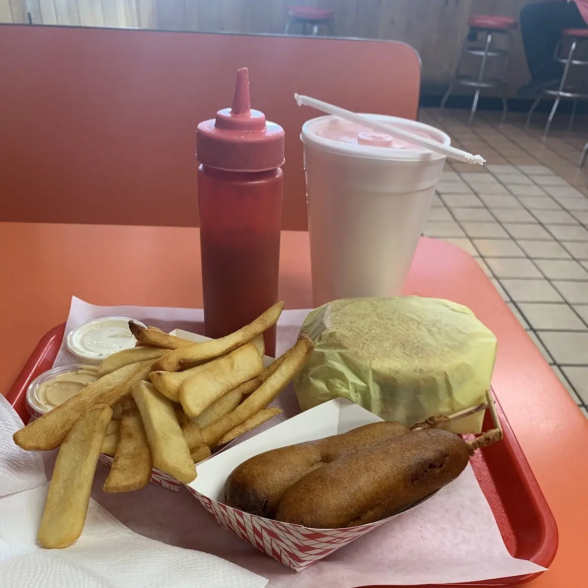 Cheeseburger with Fries and Corn Dog
