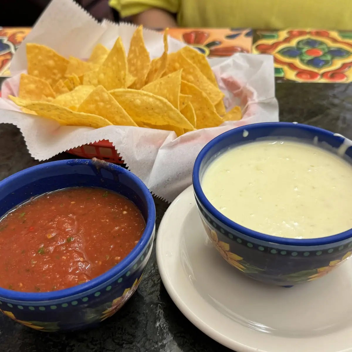 Chips Salsa and Queso Cheese