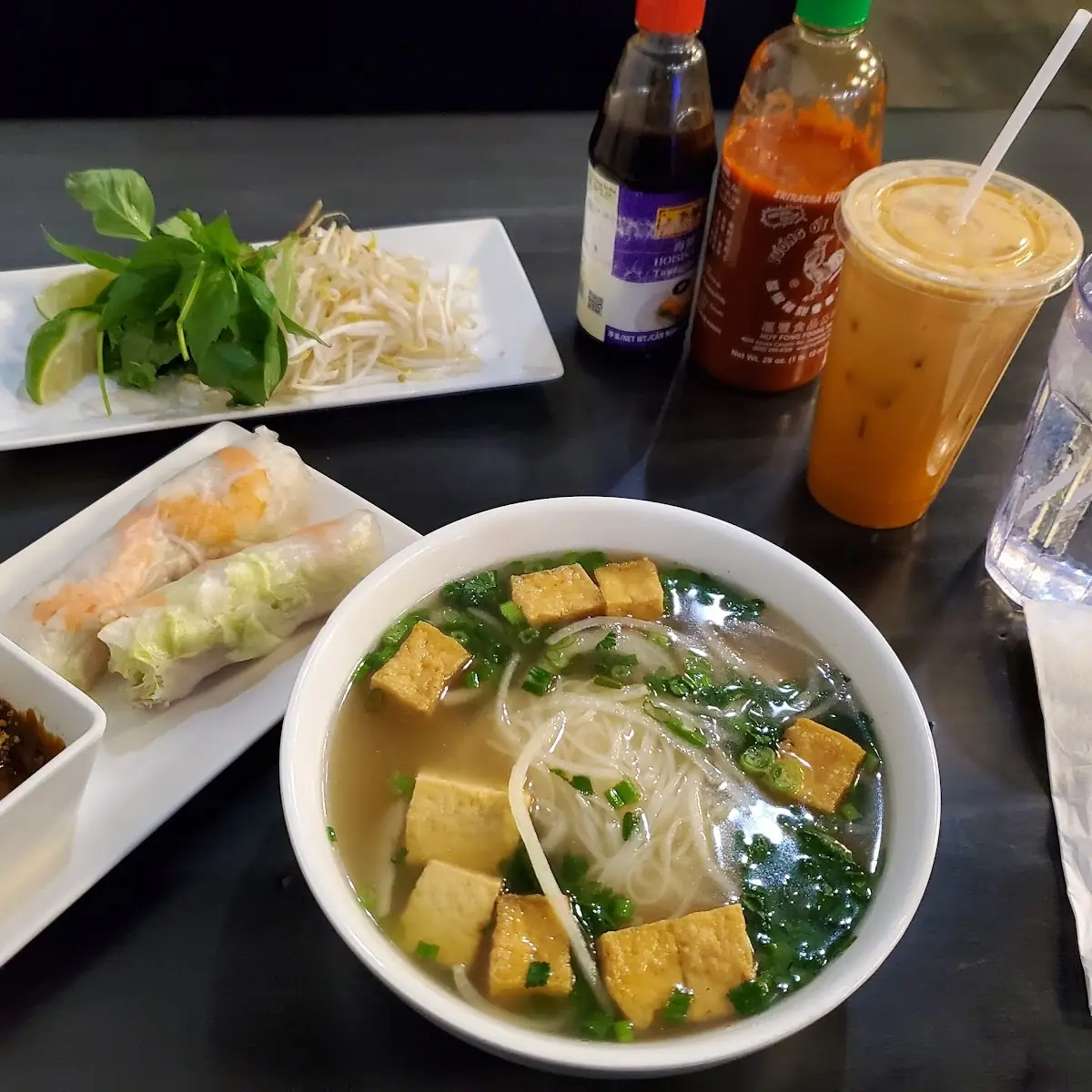 Tofu Pho Spring Rolls & Thai Iced Tea