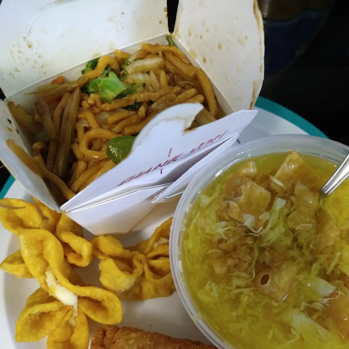Egg Drop Soup Lo Mein Noodles and Crab Rangoon