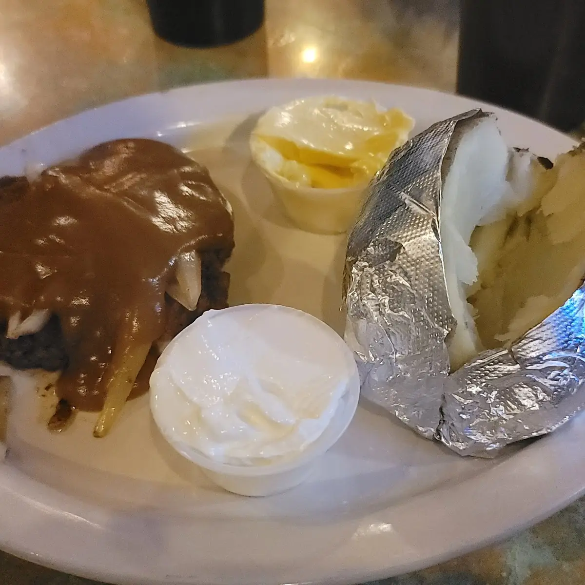 Chop Steak with Gravy & a Baked Potato