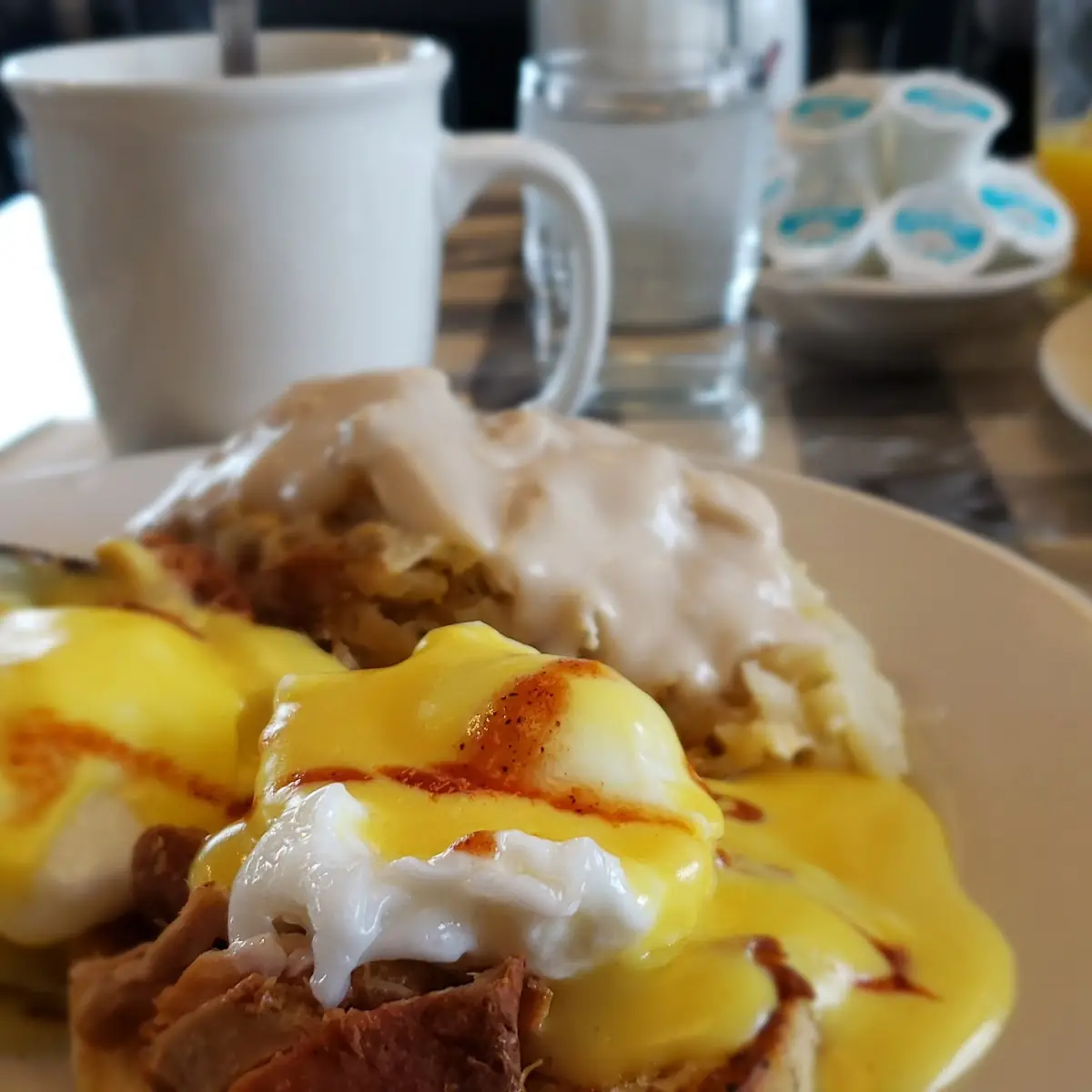 Pulled Pork Benedict with Loaded Smothered Hash Brown Casserole