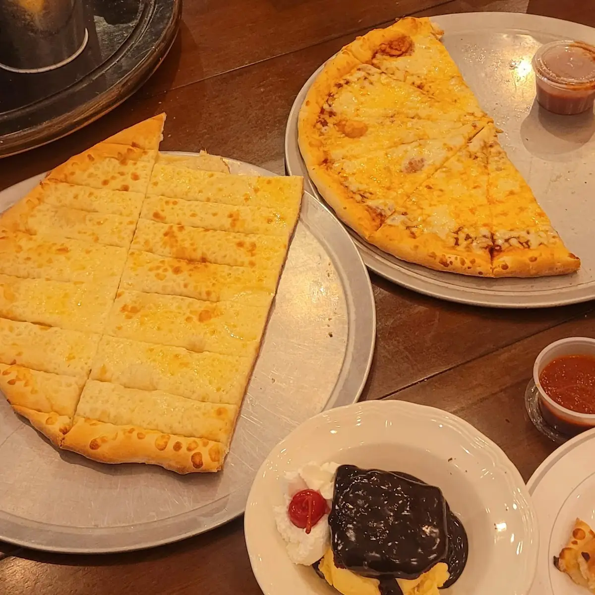Cheese Pizza Cheese Sticks Hot Fudge Cake