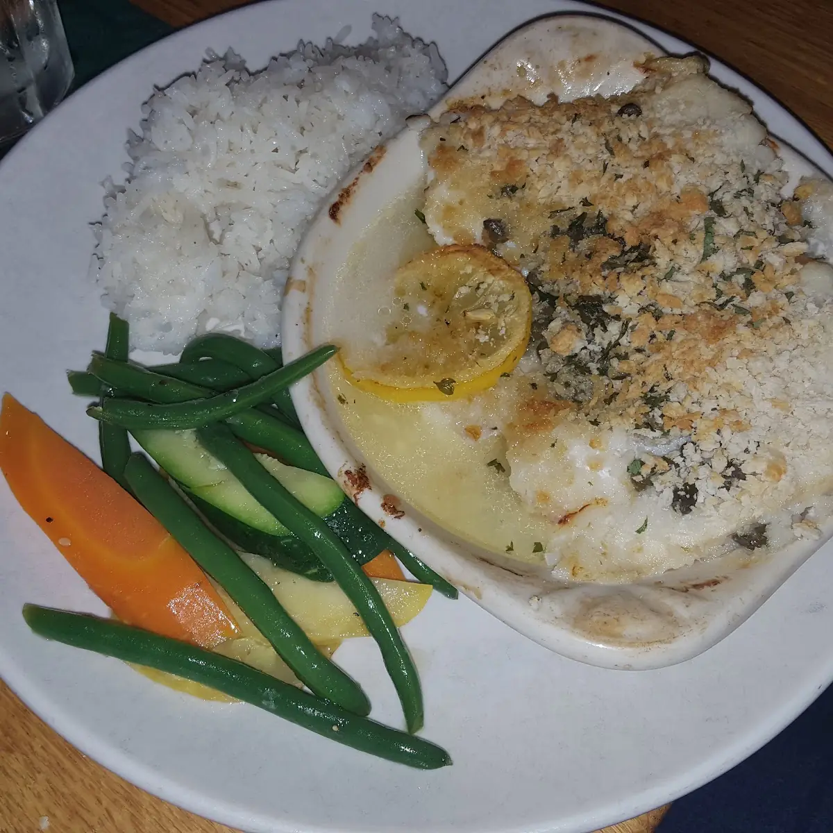 Panko Crusted Cod with Rice and Mixed Vegetables