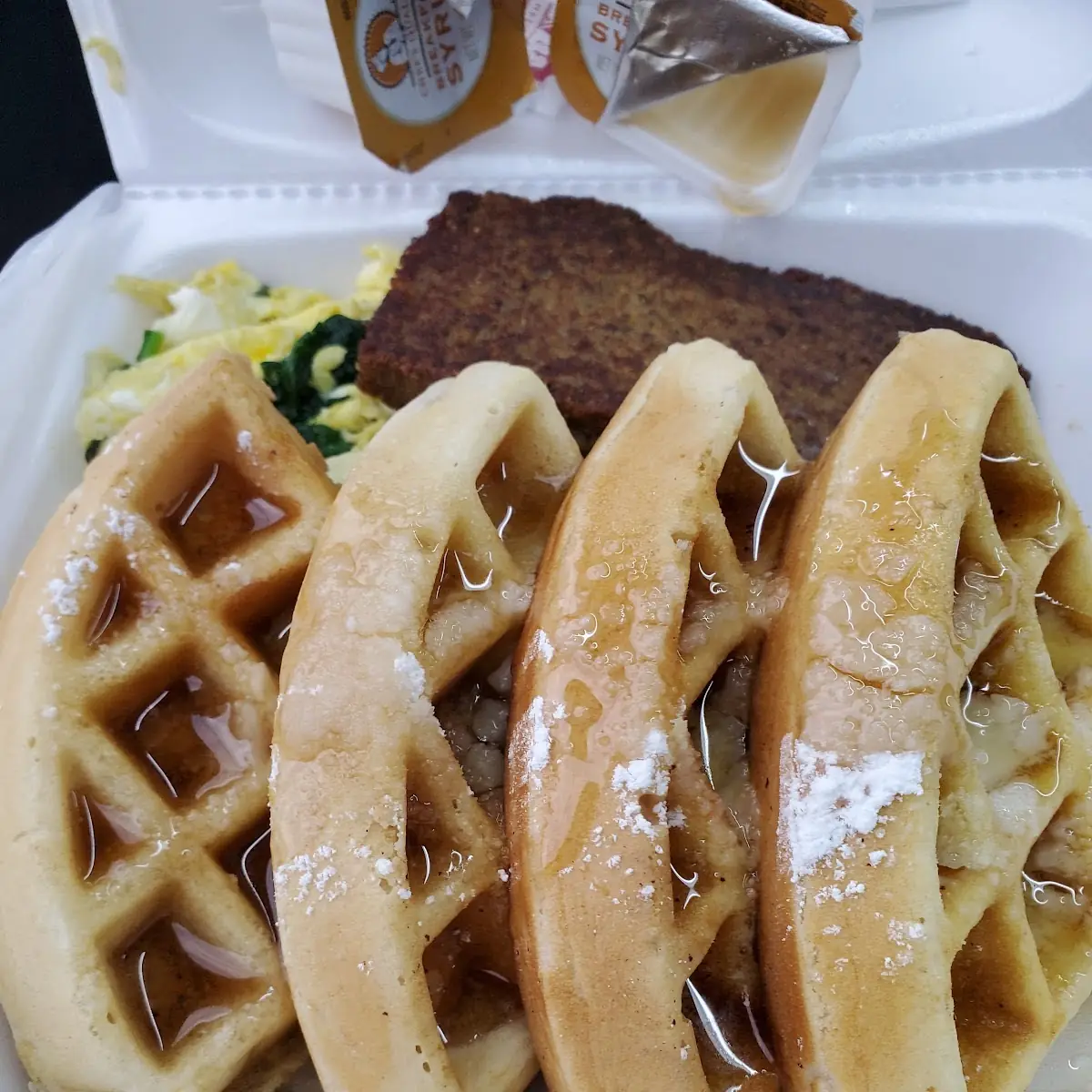 Belgian Waffles Eggs with Spinach Beef Scrapple