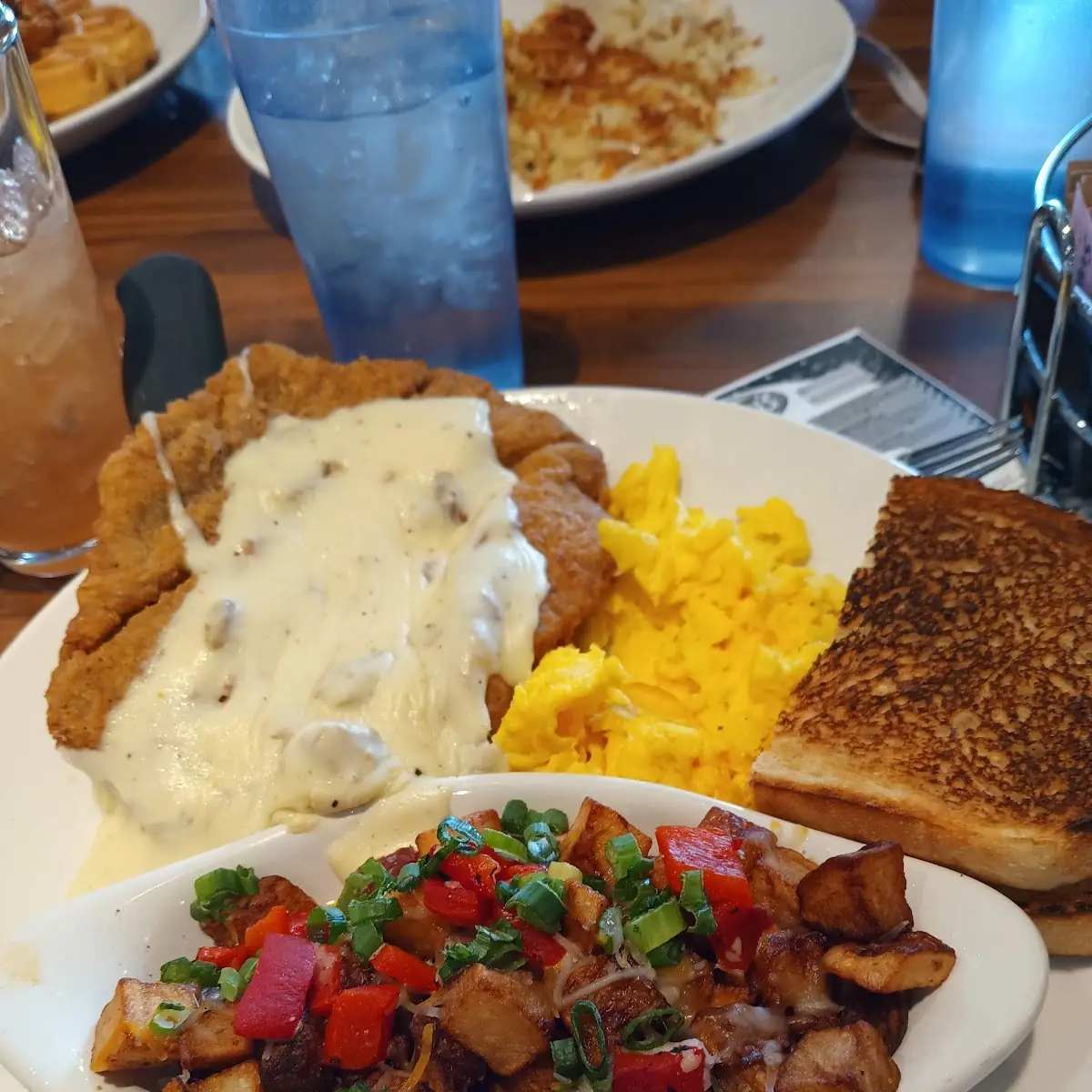 Chicken Fried Steak with Red Potatoes and Scrambled Eggs