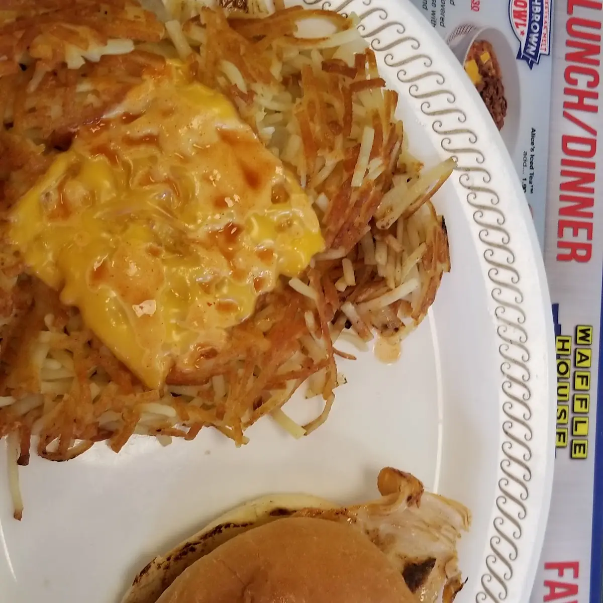 Chicken Sandwich Plate with Hash Browns Scattered Smothered and Covered