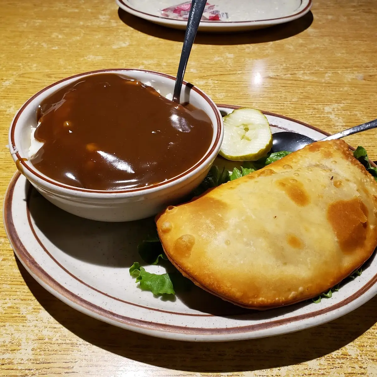 Fleischkuechle Sandwich and Mashed Potatoe with Gravy