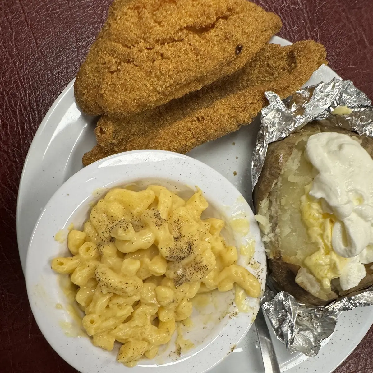 Catfish Fillet Mac and Cheese Baked Potato