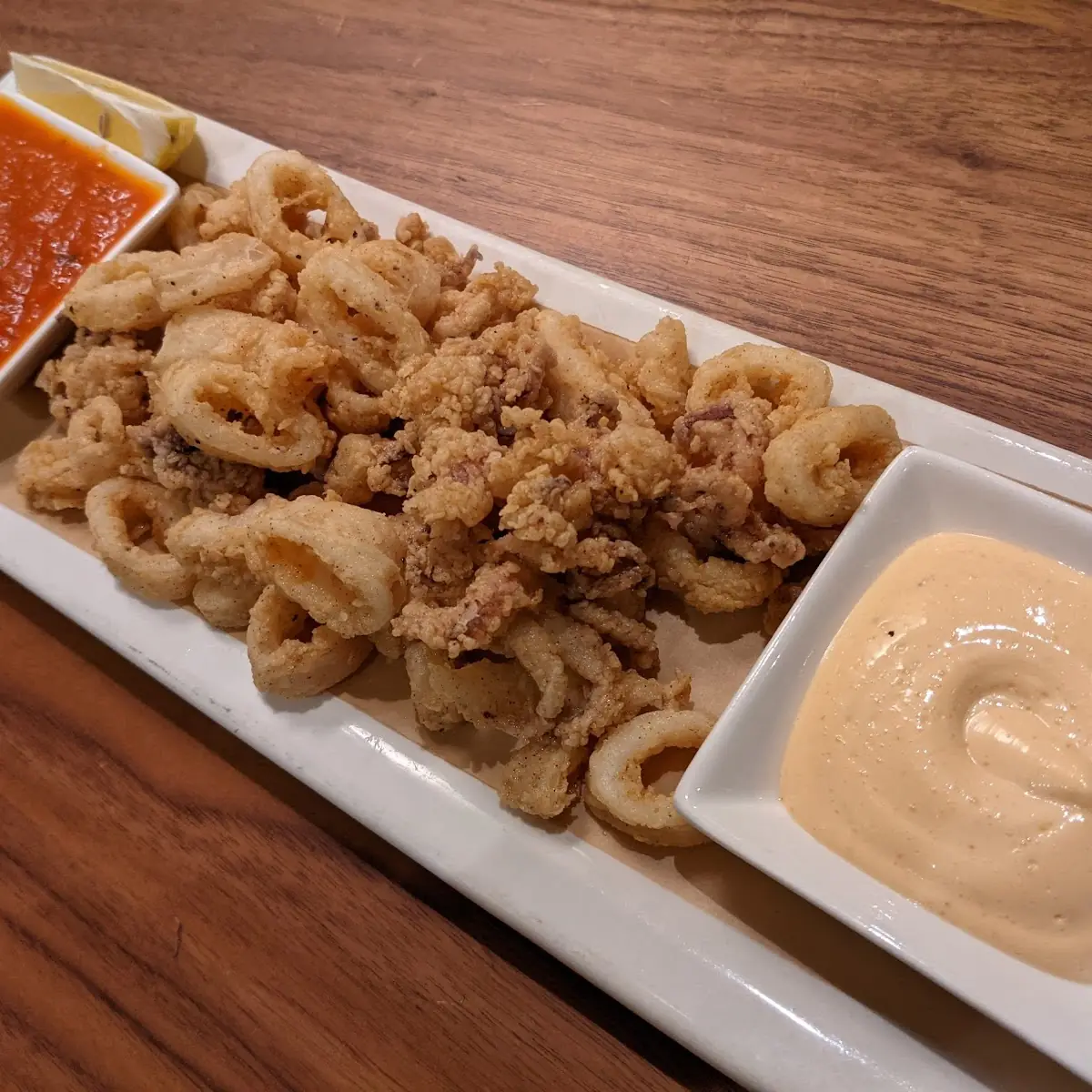 Crispy Calamari with Spicy Aioli and Roasted Tomato Sauce