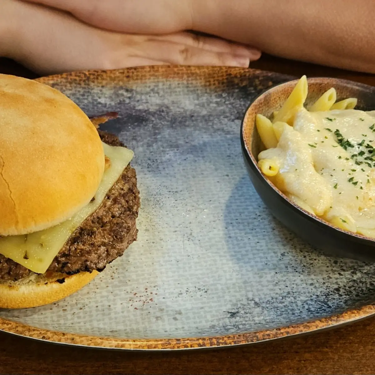 Sweet Chili Burger with Pasta Alfredo