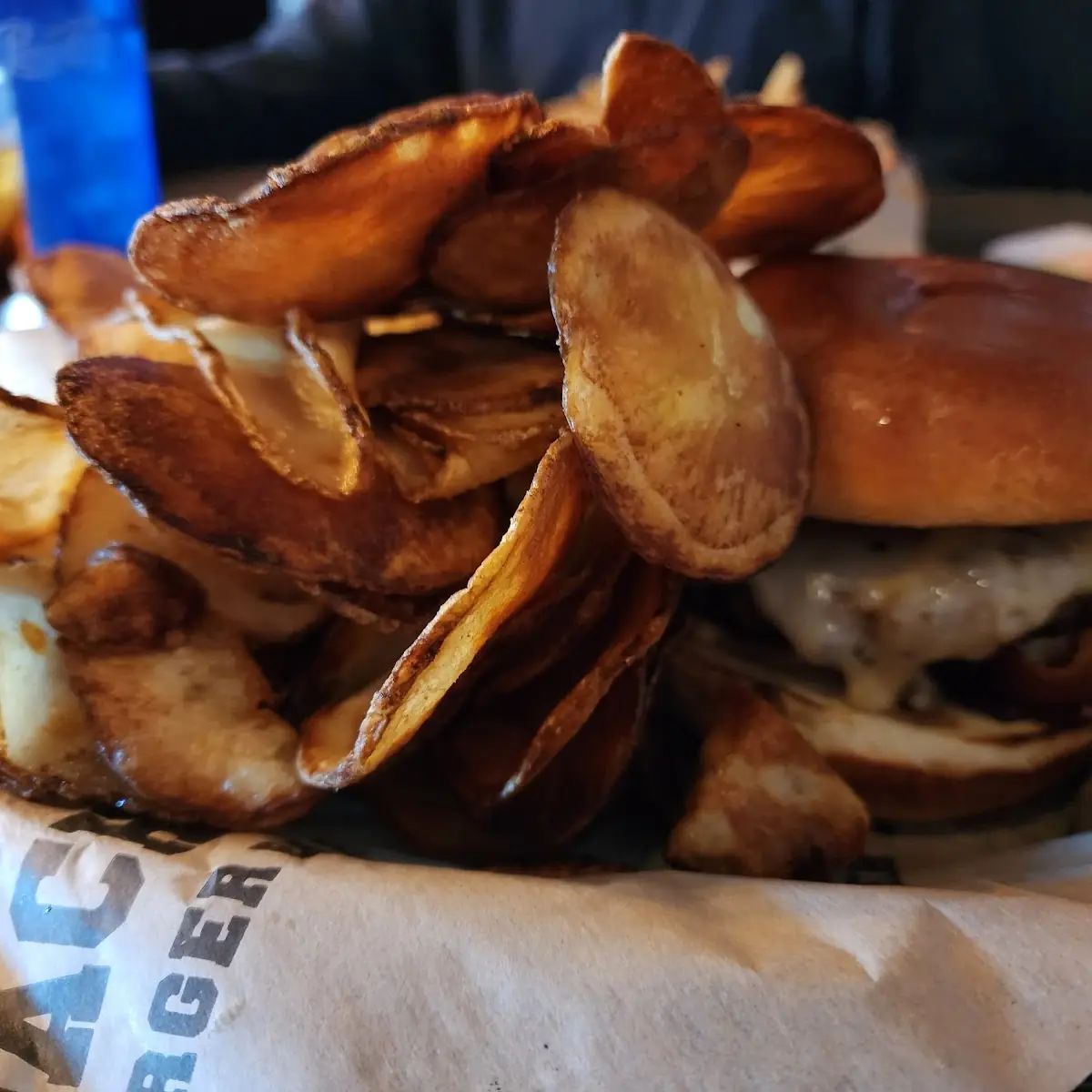Mushroom Swiss Burger and Chips