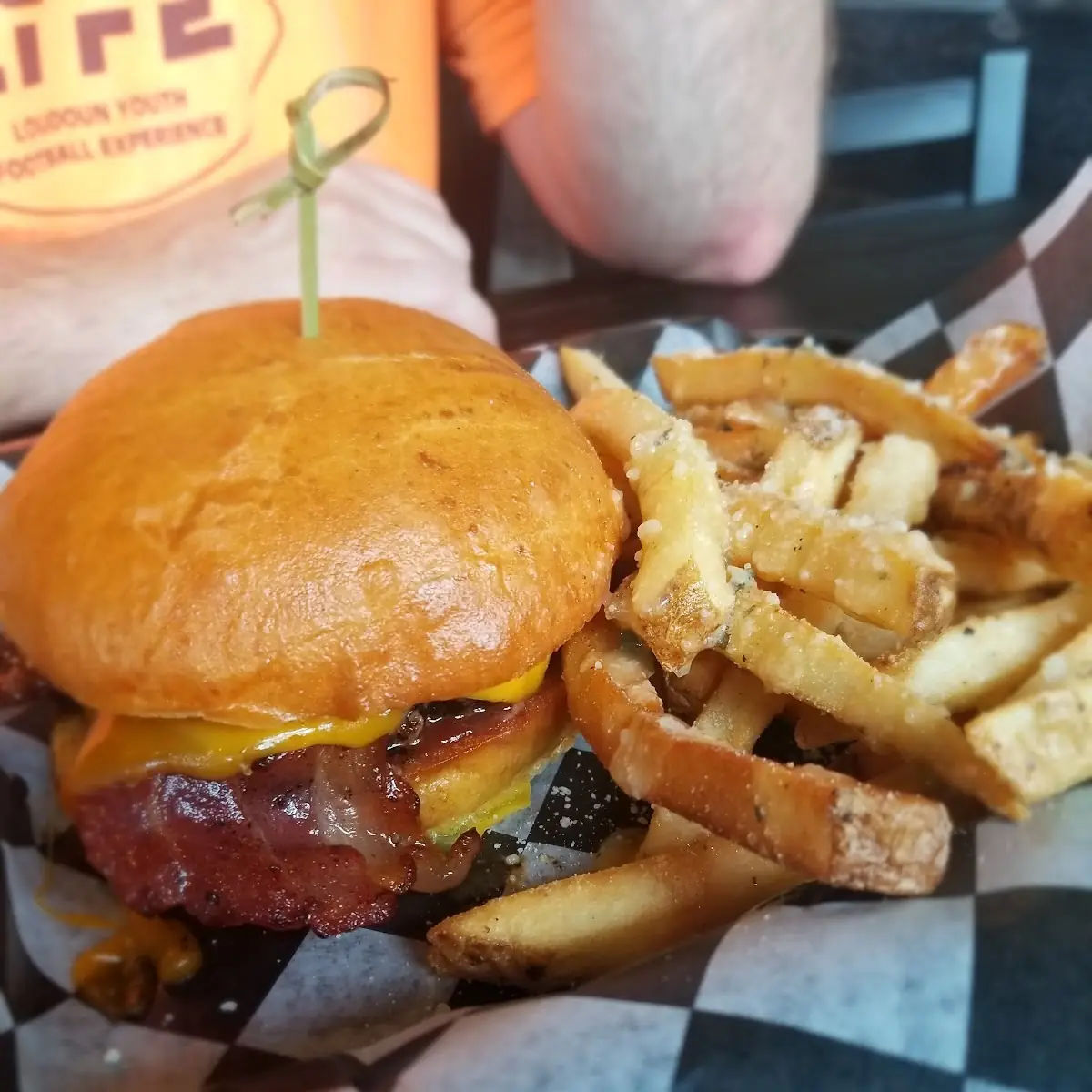 Bacon Burger and Fries with Cheese