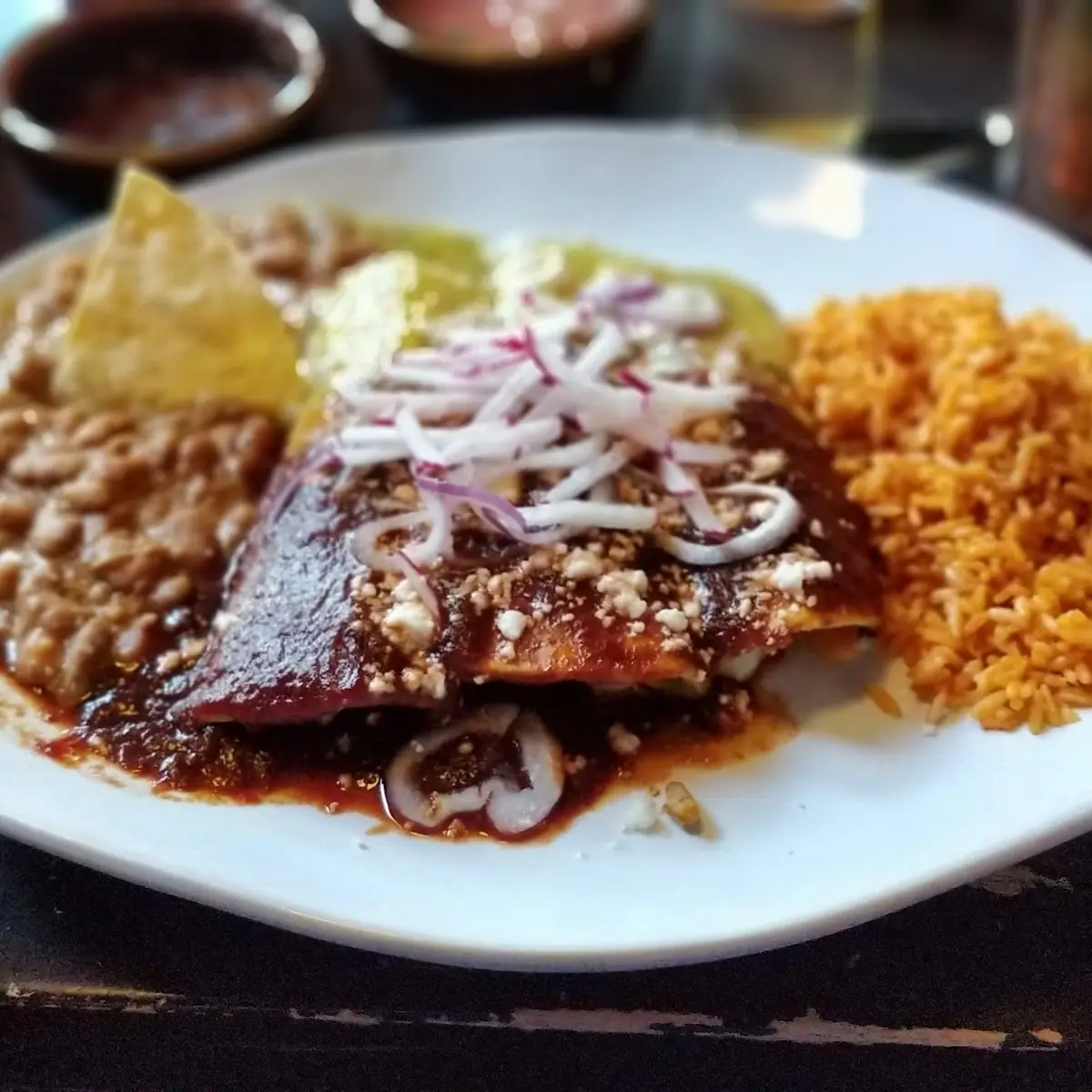 Enchiladas Rice and Refried Beans