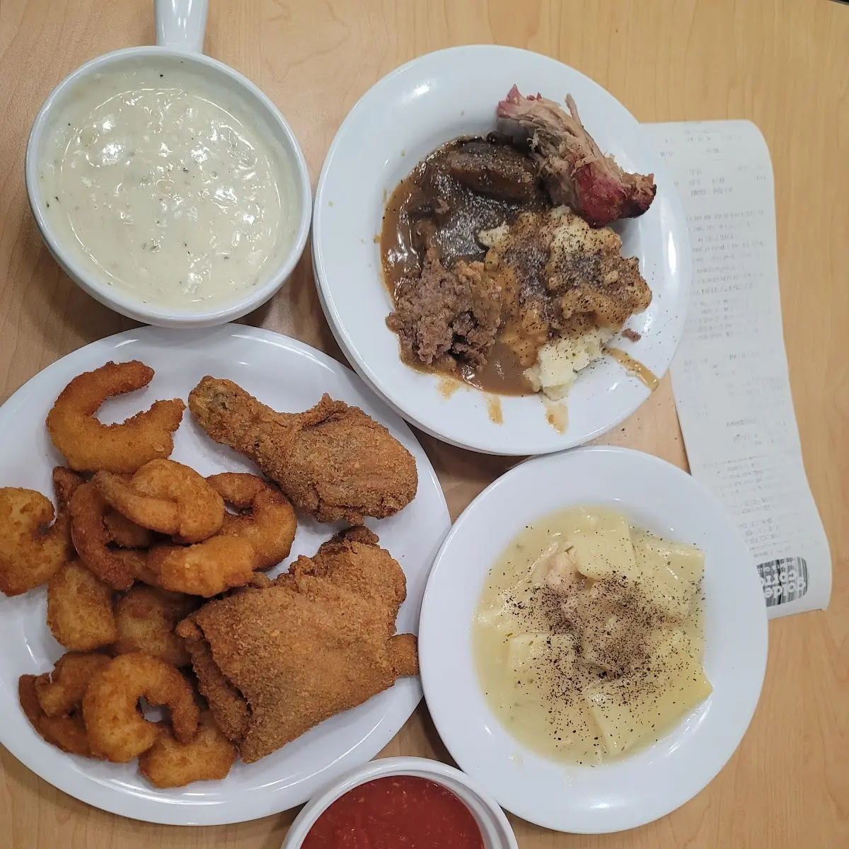 Fried Shrump Fried Chicken and Chicken and Dumplings