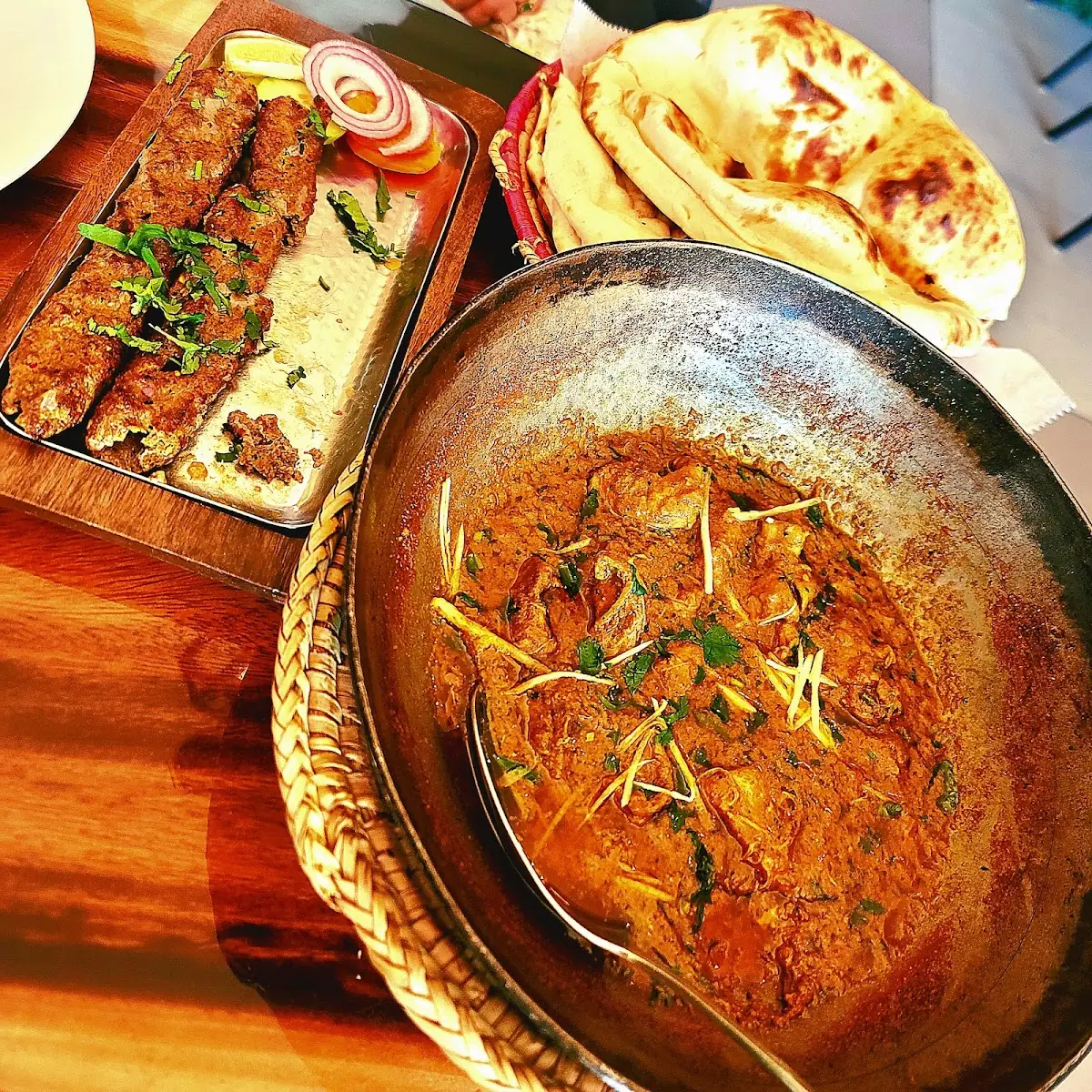 Chicken Karahi Beef Kabab and Naan
