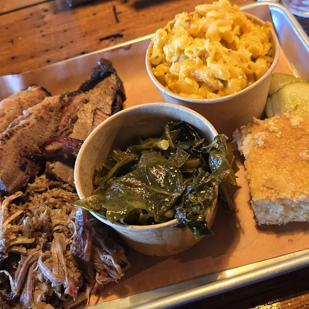 2 Meat Dinner with Pulled Pork Brisket Greens and Mac and Cheese