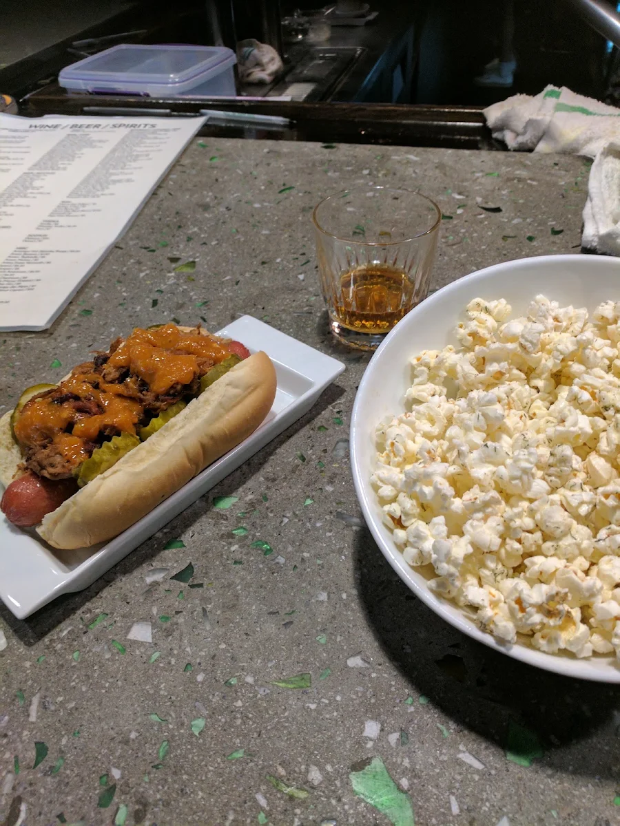 Hot Dog with Pulled Pork and Popcorn