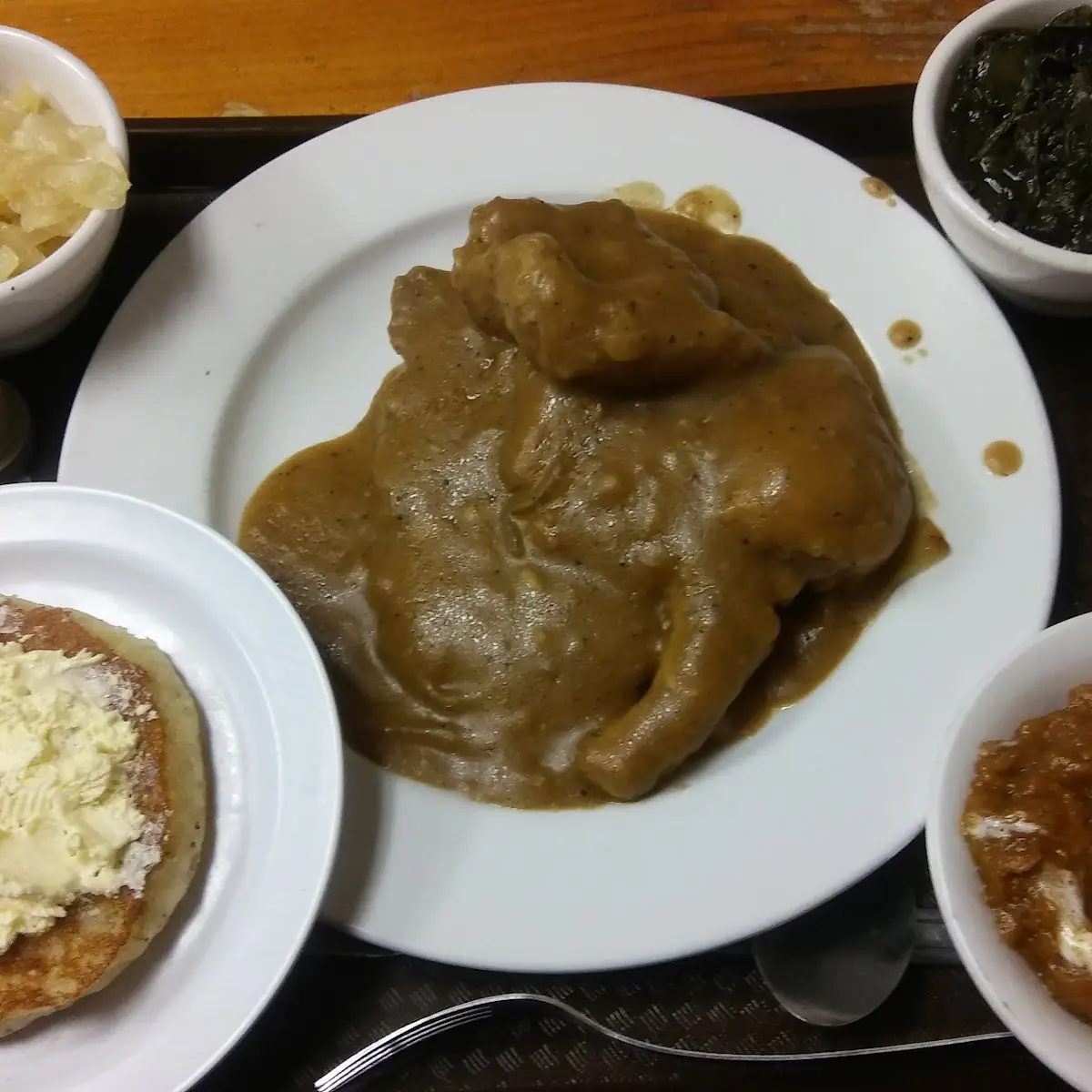 Smothered Pork Chops Cabbage Spinach Sweet Potato Cornbread