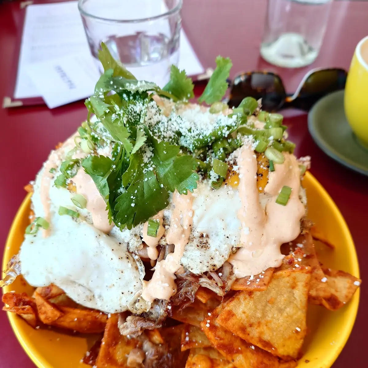 Chilaquiles Rojos with Scrambled