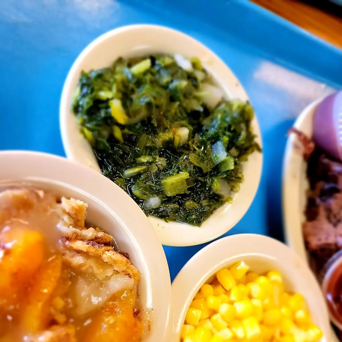 Greens Corn and Peach Cobbler