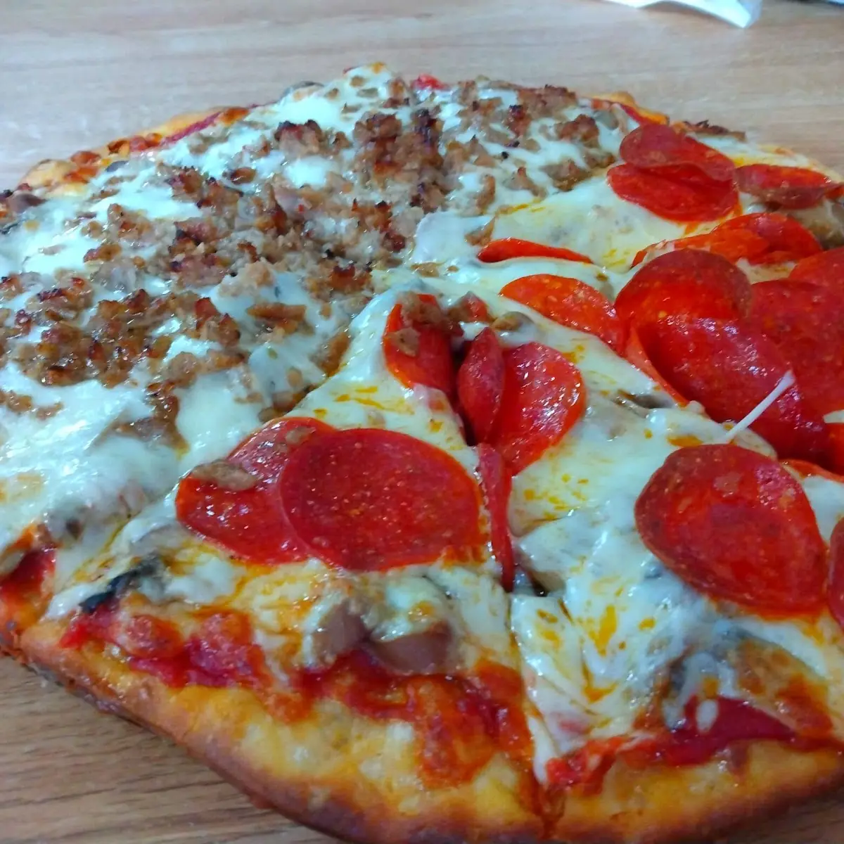 Sausage Pepperoni Pizza with Mushrooms