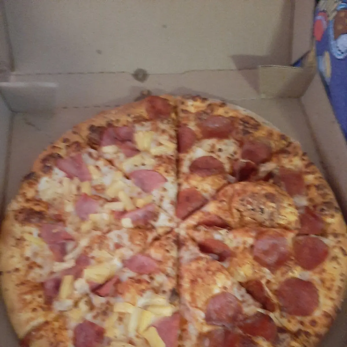 Half Hawaiian Pizza and Half Pepperoni Pizza