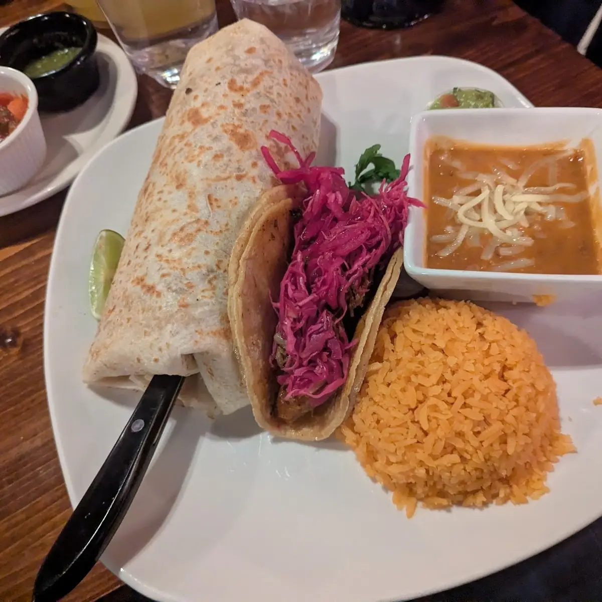 Half Carne Asada Half El Pastor Burrito Dinner with Cochinita Pibil