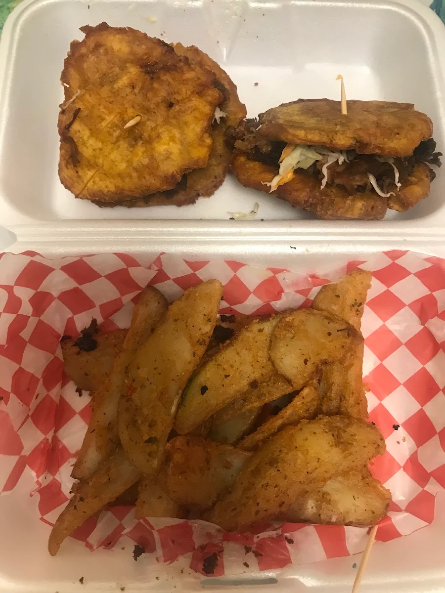 Griot Plantain Burger with Fries, Tipikliz