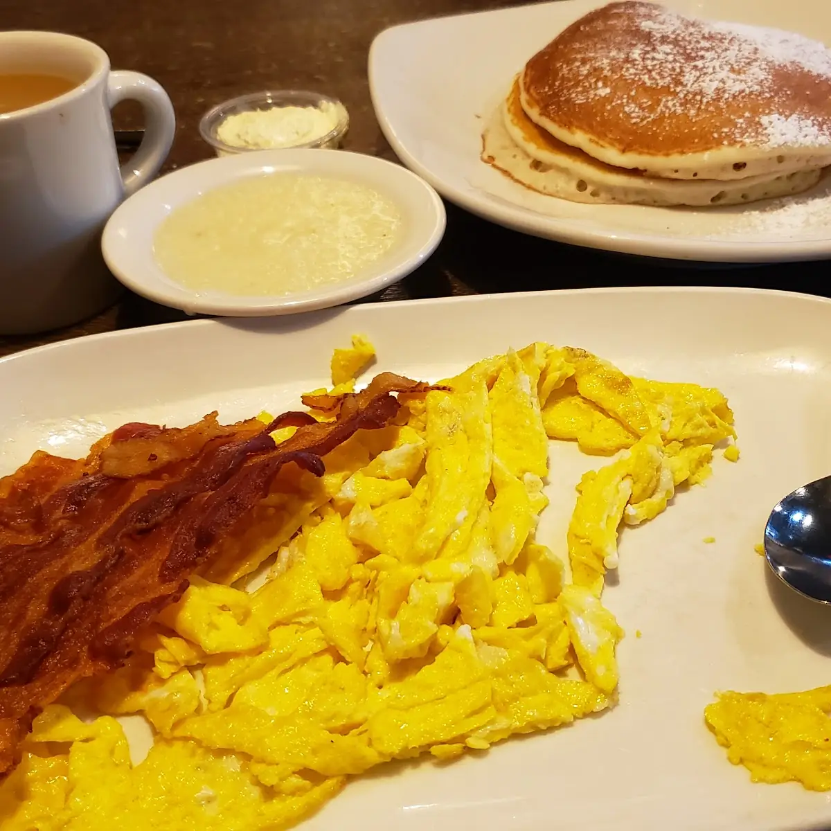 Breakfast Bacon Eggs Grits & Two Pancakes