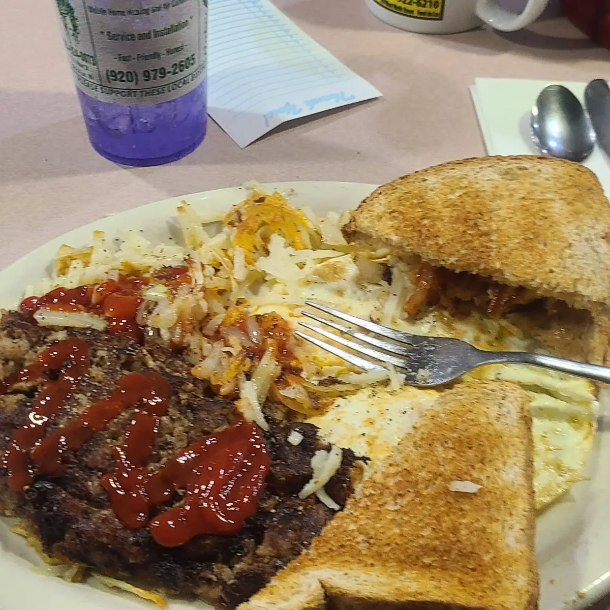 Beef Hash 2 Eggs over Hard Hashbrowns with Fried Onions Coffee