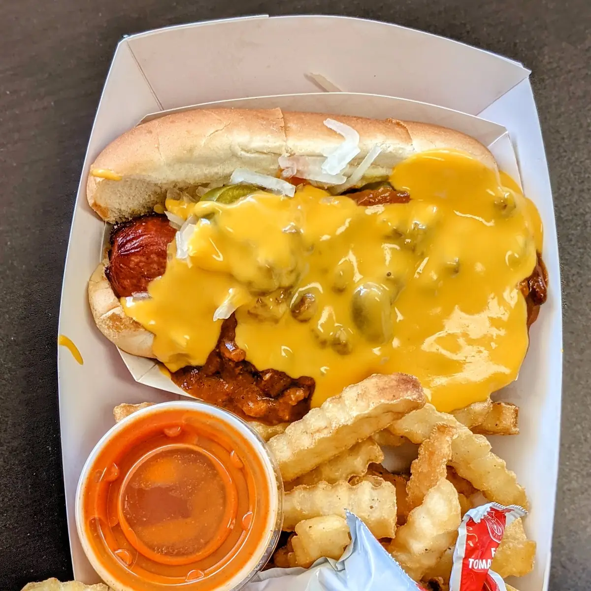 Chilli Dog with Fries and Buffalo Sauce