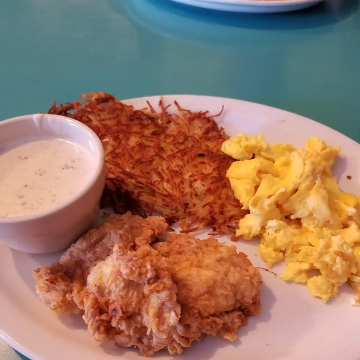 Chicken Fried Chicken We'Re Hash Browns Scrambled Eggs and Gravy on the Side