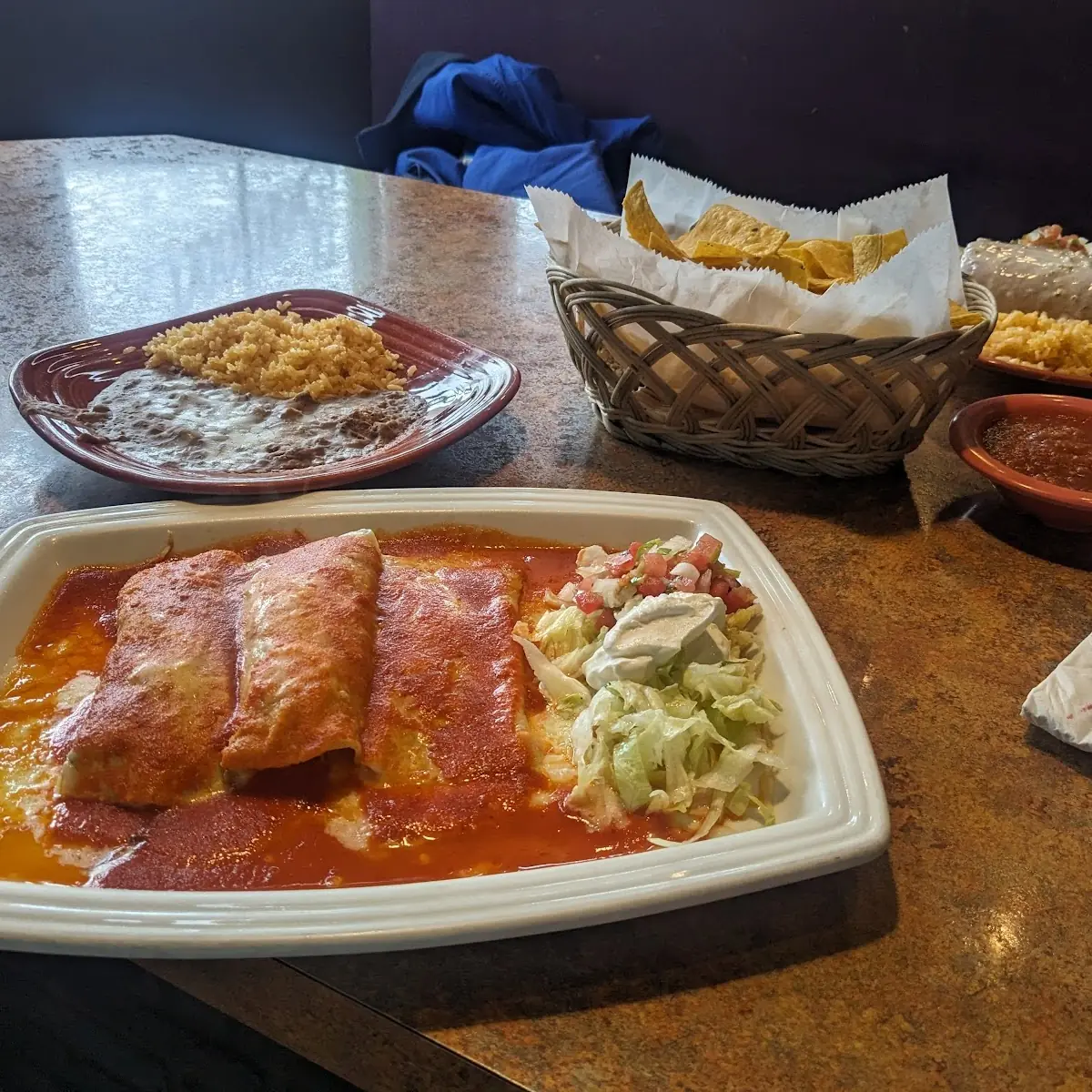 Chicken Beef Cheese Enchilada Rice and Bean