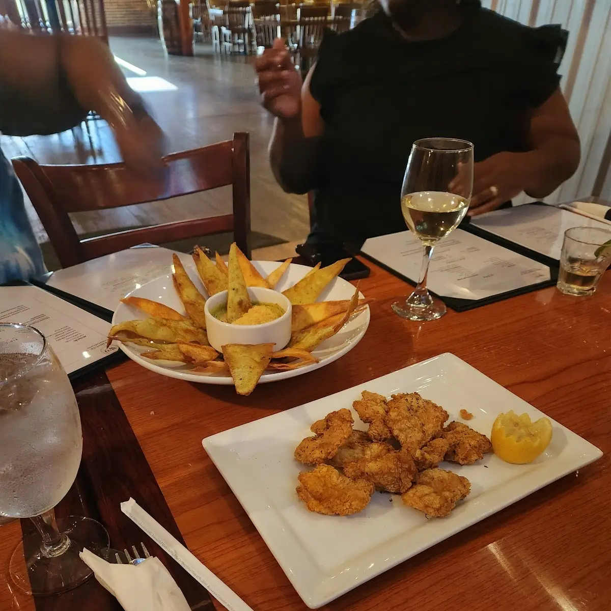 Spinach Dip with House Chips and Catfish Nuggets