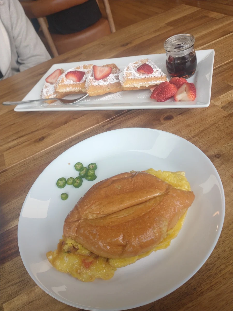 Strawberry Waffles an Breakfast Sandwich