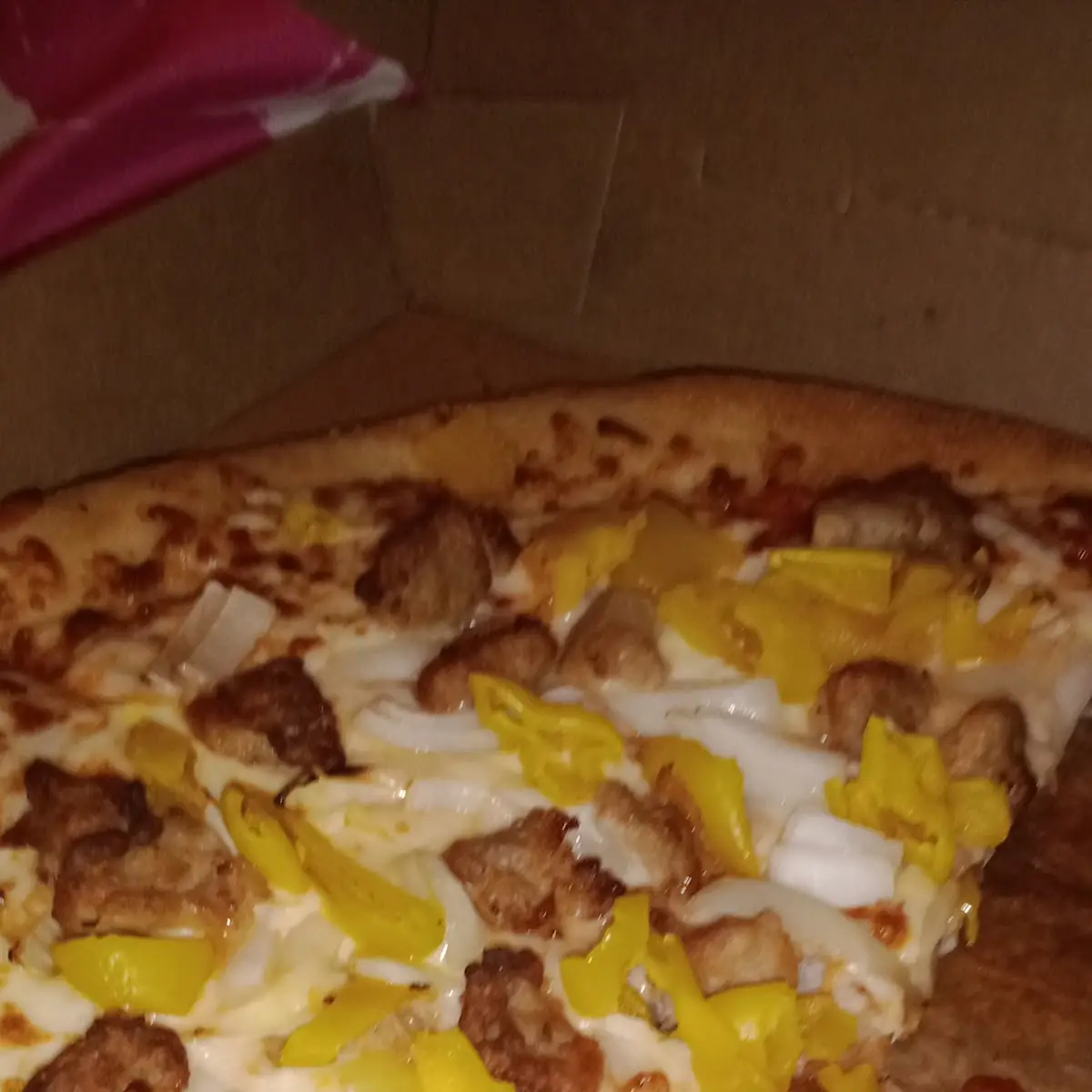Sausage Pizza with Extra Banana Peppers and Extra Onions