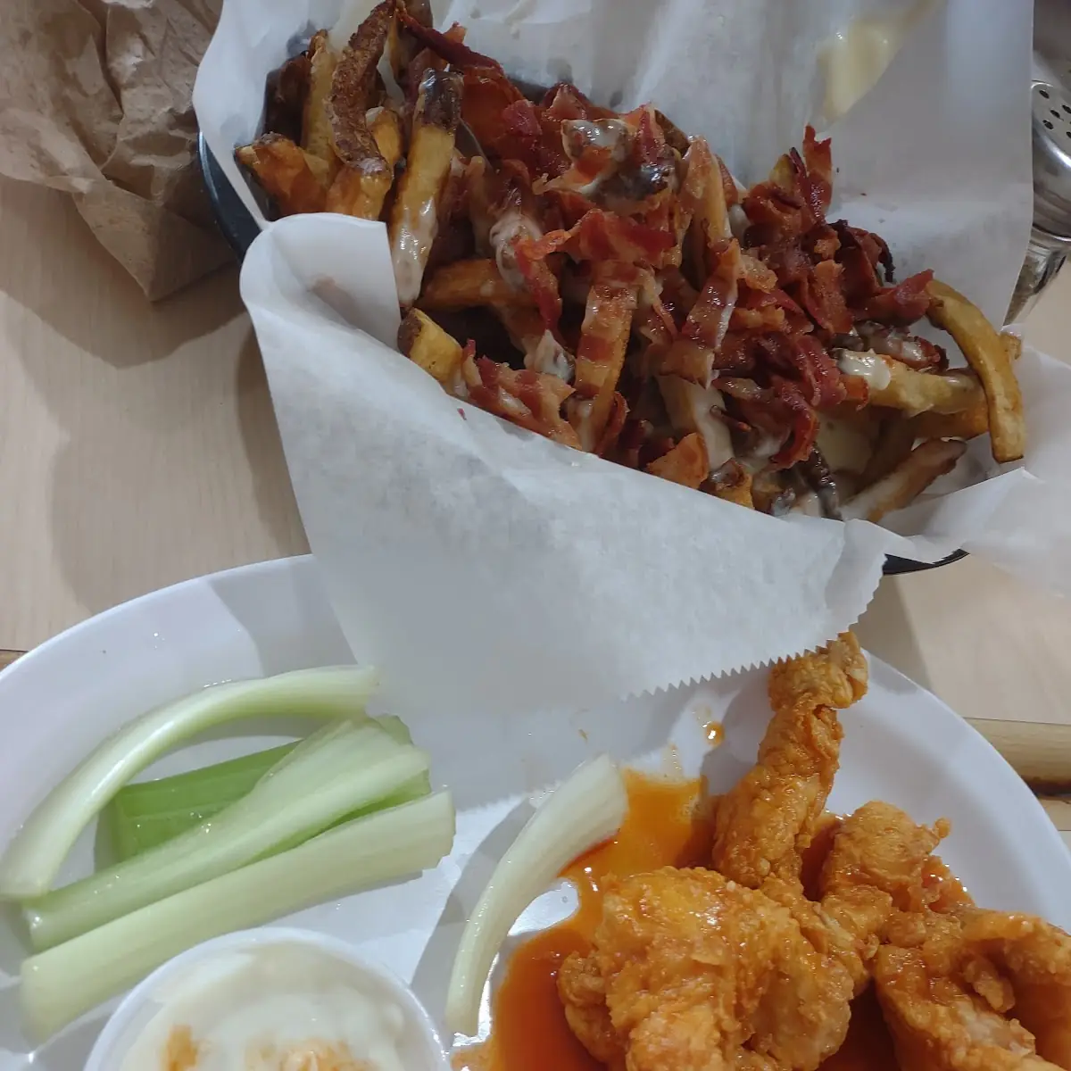 Bacon Cheddar Fries and Mild Boneless Bites