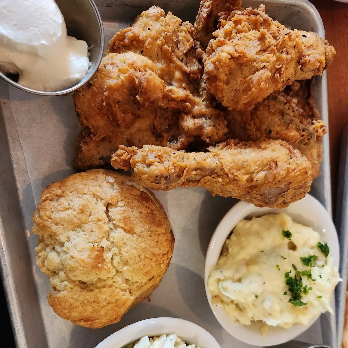 Fried Chicken Mashed Potatoes and Coleslaw