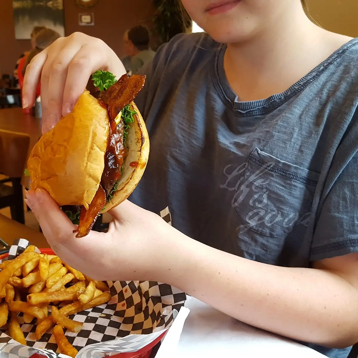 BBQ Bacon Cheddar Burger and Fries