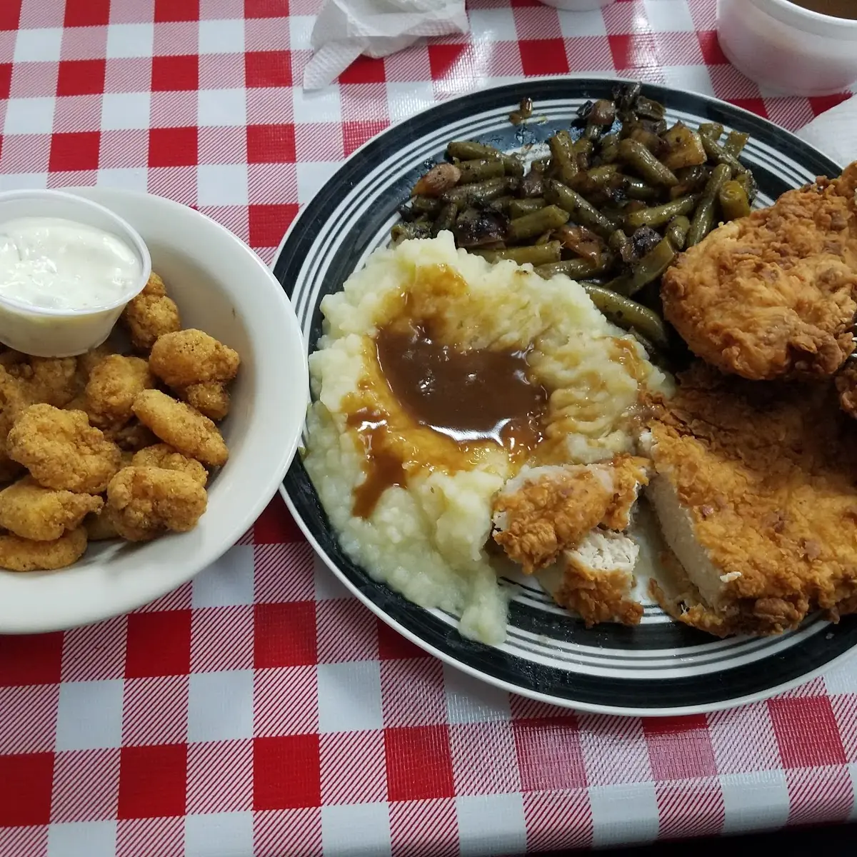 Fried Chicken Breast Mashed Potatoes Extra Gravy with Green Beans and Side Order of Fried Shrimp
