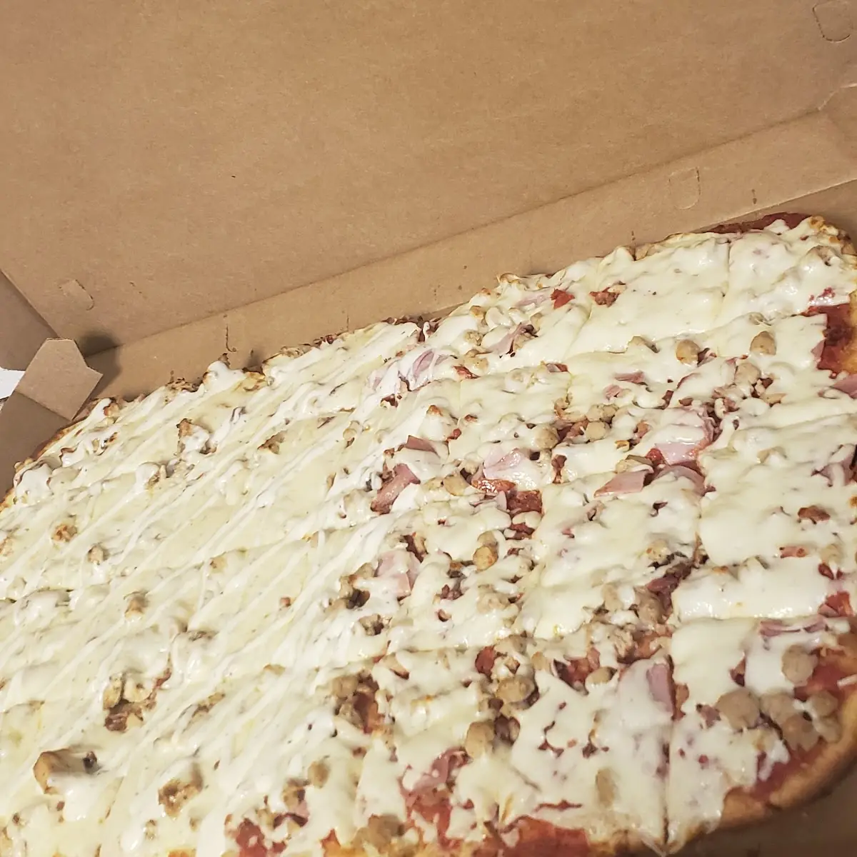 Sheet Pizza Half Chicken Bacon Ranch and Half Meat Lover